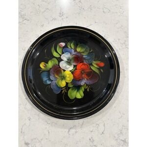 Vintage USSR Russian Floral Hand Painted  Toleware Round Tole Tray 8.5" Floral